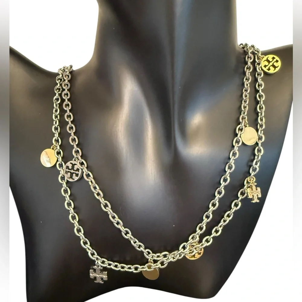 TORY BURCH Silver and Gold-Tone Long Logo Elegant Necklace with Dust Bag